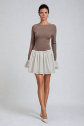 Adamma Deconstruct Fırfırlı Bodycon Kahverengi Mini Elbise